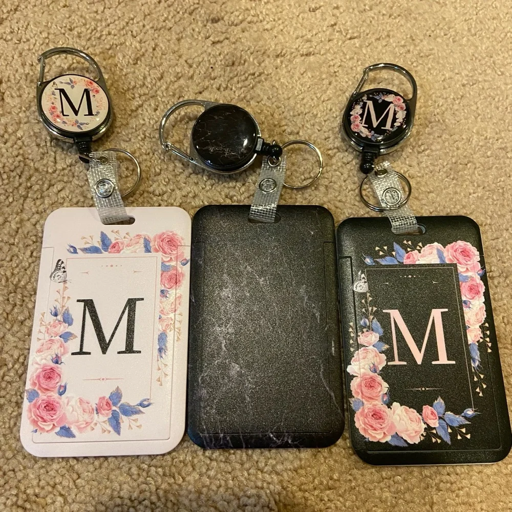 Floral Badge Holder Set of Three - Black and Pink Monogram